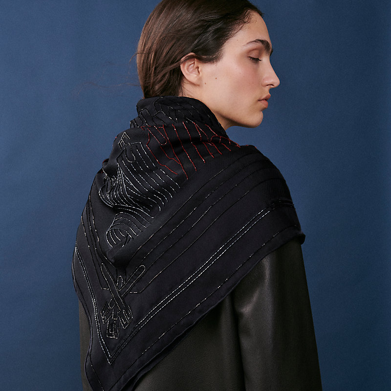 Les Sangles embroidered scarf 90 - Black | Hermès USA